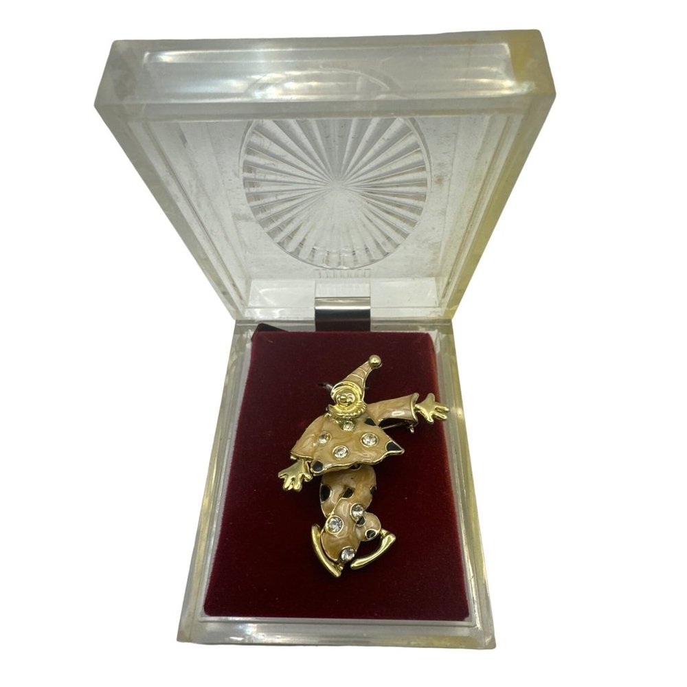 Vintage Articulated Clown Pin Brooch Tan and Gold with Gift Box